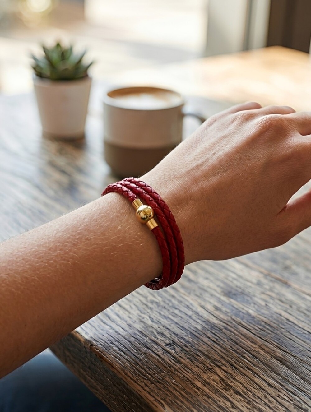 Linx Triple Wrap Red Leather Braided Cord Bracelet with Gold Magnetic Clasp